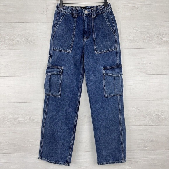 BDG Urban Outfitters Cargo Skate Jeans Women Sz 27 Blue Elastic Waist Wide Leg - Picture 16 of 16